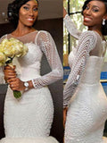 Trumpet/Mermaid Long Sleeves Scoop Sweep/Brush Train Beading Tulle Wedding Dresses TPP0006315