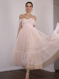 A-Line/Princess Lace Ruched Off-the-Shoulder Sleeveless Tea-Length Homecoming Dresses TPP0004739