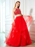 A-Line/Princess Spaghetti Straps Sleeveless Floor-Length Beading Tulle Two Piece Dresses TPP0003458