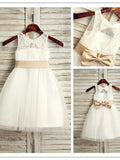 A-Line/Princess Tulle Bowknot Scoop Sleeveless Tea-Length Flower Girl Dresses TPP0007522