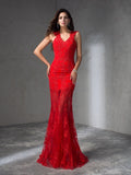 Trumpet/Mermaid V-neck Applique Sleeveless Long Satin Dresses TPP0003240