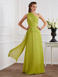 A-Line/Princess One-Shoulder Sleeveless Pleats Long Chiffon Dresses TPP0003737