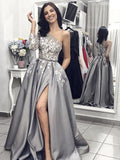 A-Line/Princess Sleeveless One-Shoulder Sweep/Brush Train Applique Satin Dresses TPP0002245