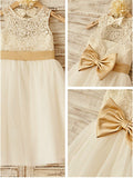 A-line/Princess Sleeveless Bowknot Scoop Knee-Length Tulle Flower Girl Dresses TPP0007541