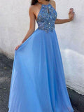 A-Line/Princess Chiffon Beading Halter Sleeveless Floor-Length Dresses TPP0003318