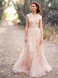 A-Line/Princess Applique Tulle V-neck Sleeveless Sweep/Brush Train Wedding Dresses TPP0006278