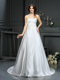 A-Line/Princess Strapless Beading Sleeveless Long Satin Wedding Dresses TPP0006869