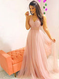 A-Line/Princess Sleeveless V-neck Sweep/Brush Train Crystal Tulle Dresses TPP0002481