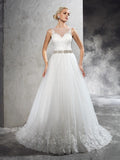 A-Line/Princess Sheer Neck Beading Sleeveless Long Net Wedding Dresses TPP0006614