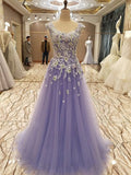 A-Line/Princess Sleeveless Scoop Floor-Length Applique Tulle Dresses TPP0001767