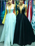 A-Line/Princess Sleeveless V-neck Floor-Length Ruffles Satin Dresses TPP0003887