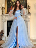 A-Line/Princess Off-the-Shoulder Beading Long Sleeves Floor-Length Tulle Dresses TPP0001652