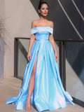 A-Line/Princess Satin Ruffles Off-the-Shoulder Sleeveless Sweep/Brush Train Dresses TPP0001503