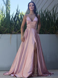 A-Line/Princess Silk like Satin Ruffles V-neck Sleeveless Sweep/Brush Train Dresses TPP0001612