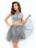 A-line/Princess High Neck Ruffles Sleeveless Short Net Two Piece Dresses TPP0008215