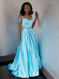 A-Line Sweetheart Sleeveless Sweep/Brush Train With Beading Satin Dresses TPP0002484