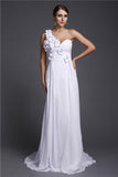 A-Line/Princess One Shoulder Hand-Made Flower Long Sleeveless Chiffon Dresses TPP0004481