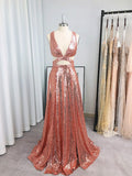 A-Line/Princess Sequins Sleeveless Ruffles V-neck Floor-Length Dresses TPP0004587