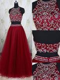 A-Line/Princess Sleeveless Jewel Tulle Beading Floor-Length Two Piece Dresses TPP0001985