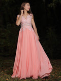 A-Line/Princess Chiffon Lace V-neck Sleeveless Sweep/Brush Train Dresses TPP0004823