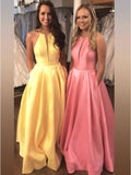 A-Line/Princess Sleeveless Halter Sweep/Brush Train Ruffles Satin Dresses