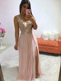 A-Line/Princess Chiffon Applique Sleeveless Sweep/Brush Train V-neck Dresses TPP0003641