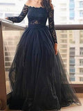 A-Line/Princess Off-the-Shoulder Long Sleeves Lace Floor-Length Tulle Dresses TPP0002025