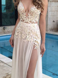 A-Line/Princess Sleeveless V-Neck Chiffon Applique Floor-Length Dresses TPP0001976