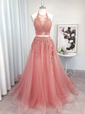 A-Line/Princess Sleeveless Tulle Halter Applique Sweep/Brush Train Dresses TPP0001509