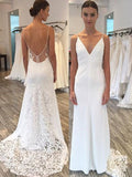 Sheath/Column Satin Lace Spaghetti Straps Sleeveless Sweep/Brush Train Wedding Dresses TPP0006738