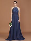 A-Line/Princess Scoop Sleeveless Sweep Train Chiffon Lace Bridesmaid Dress TPP0005607