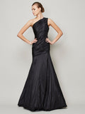 A-Line/Princess One-Shoulder Sleeveless Pleats Long Taffeta Bridesmaid Dresses TPP0005085