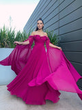 A-Line/Princess Chiffon Floor-Length Long Sleeves Ruffles Off-the-Shoulder Dresses TPP0001439