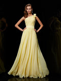 A-Line/Princess One-Shoulder Sleeveless Hand-Made Flower Long Chiffon Bridesmaid Dresses TPP0005084