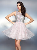 A-Line/Princess Bateau Beading Sleeveless Short Satin Cocktail Dresses TPP0008920