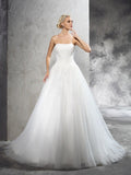 Ball Gown Strapless Applique Sleeveless Long Satin Wedding Dresses TPP0006676