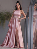 A-Line/Princess Elastic Woven Satin Ruffles Halter Sleeveless Sweep/Brush Train Dresses TPP0004807