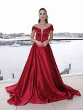 A-Line/Princess Satin Off-the-Shoulder Ruffles Sleeveless Sweep/Brush Train Dresses TPP0004780