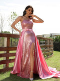 A-Line/Princess Elastic Woven Satin Sequin One-Shoulder Sleeveless Sweep/Brush Train Dresses TPP0001515