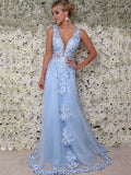 A-Line/Princess Sleeveless V-neck Floor-Length Applique Tulle Dresses TPP0002538