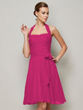 A-Line/Princess Halter Sleeveless Pleats Bowknot Short Chiffon Bridesmaid Dresses TPP0005094