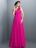 A-Line/Princess One-Shoulder Hand-Made Flower Pleats Sleeveless Long Chiffon Bridesmaid Dresses TPP0005399