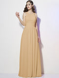 A-Line/Princess Bateau Sleeveless Pleats Long Chiffon Bridesmaid Dresses TPP0005088