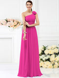 A-Line/Princess One-Shoulder Pleats Hand-Made Flower Sleeveless Long Chiffon Bridesmaid Dresses TPP0005131