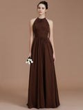 A-Line/Princess Halter Sleeveless Ruched Floor-Length Chiffon Bridesmaid Dresses TPP0005263