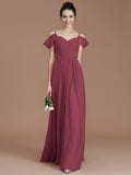 A-Line/Princess Off-the-Shoulder Sleeveless Ruched Floor-Length Chiffon Bridesmaid Dresses TPP0005324