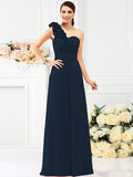 A-Line/Princess One-Shoulder Hand-Made Flower Sleeveless Long Chiffon Bridesmaid Dresses TPP0005311