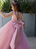 A-Line/Princess Tulle Bowknot V-neck Sleeveless Floor-Length Flower Girl Dresses TPP0007496