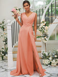 A-Line/Princess Chiffon Ruched V-neck Sleeveless Sweep/Brush Train Bridesmaid Dresses TPP0004916