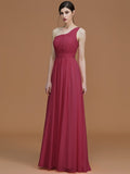 A-Line/Princess One-Shoulder Sleeveless Floor-Length Ruched Chiffon Bridesmaid Dresses TPP0005701